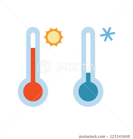 Two thermometers, showing hot with a sun and cold with a snowflake. Heat and frost, summer and winter, the concept of weather and climate change. Vector illustration isolated on white, flat design Two thermometers, showing hot with a sun and cold with a snowflake. Heat and frost, summer and winter, the concept of weather and climate change. Vector illustration isolated on white, flat design 123141608