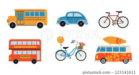 Set of colorful vehicles as school bus, classic car, bicycle with a basket and van with surfboard on top. Trendy modern vector illustration isolated on white background, hand drawn, flat design Set of colorful vehicles as school bus, classic car, bicycle with a basket and van with surfboard on top. Trendy modern vector illustration isolated on white background, hand drawn, flat design 123141611