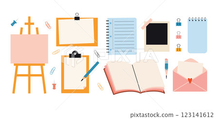 Set of stationery items with empty space for text, including easel, clipboard, photo frame, notepad, book, envelope and pencil. Modern vector illustration isolated on white, hand drawn, flat Set of stationery items with empty space for text, including easel, clipboard, photo frame, notepad, book, envelope and pencil. Modern vector illustration isolated on white, hand drawn, flat 123141612