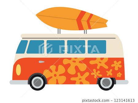 A retro van with surfboard on the roof, decorated with hippie orange flowers. Summer holiday and bus travel concept. Trendy modern vector illustration isolated on white, hand drawn, flat design A retro van with surfboard on the roof, decorated with hippie orange flowers. Summer holiday and bus travel concept. Trendy modern vector illustration isolated on white, hand drawn, flat design 123141613