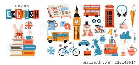 Learning English Set with books and Iconic British culture symbols. Traditional objects and landmarks. Trendy modern vector illustration isolated on white, hand drawn, flat design Learning English Set with books and Iconic British culture symbols. Traditional objects and landmarks. Trendy modern vector illustration isolated on white, hand drawn, flat design 123141614