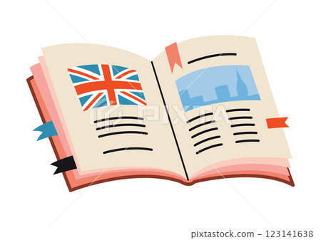 Cute open school textbook with UK flag. English language learning and education course concept. Trendy modern vector illustration isolated on white background, hand drawn, flat design Cute open school textbook with UK flag. English language learning and education course concept. Trendy modern vector illustration isolated on white background, hand drawn, flat design 123141638