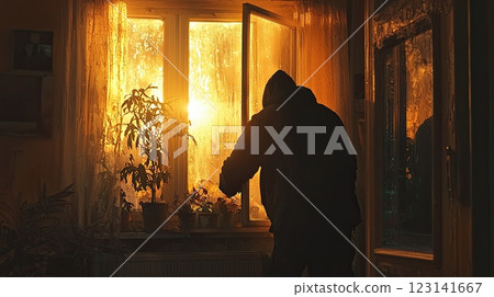 a thief breaking into a house through the window 123141667