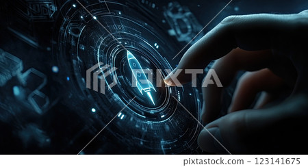 A hand turning a button featuring a rocket icon, symbolizing maximum acceleration. 123141675