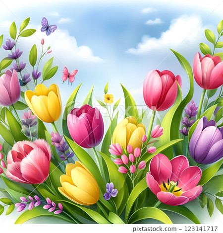 A colorful array of vibrant tulips in various hues including pink, purple, yellow, and white. The lush green leaves provide a fresh, natural backdrop, creating a cheerful spring scene. 123141717