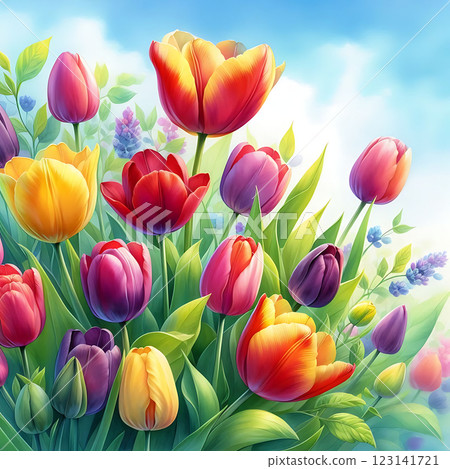 A colorful array of vibrant tulips in various hues including pink, purple, yellow, and white. The lush green leaves provide a fresh, natural backdrop, creating a cheerful spring scene. 123141721
