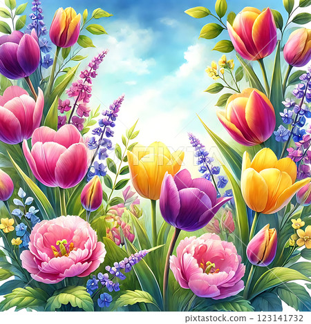 A colorful array of vibrant tulips in various hues including pink, purple, yellow, and red, set against lush green leaves. The scene evokes a joyful spring atmosphere. 123141732