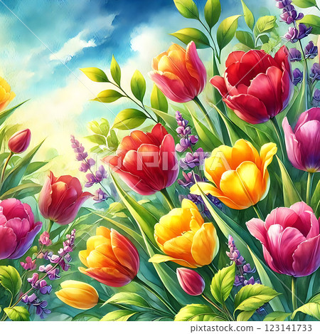 A colorful array of vibrant tulips in various hues including pink, purple, yellow, and red, set against lush green leaves. The scene evokes a joyful spring atmosphere. 123141733