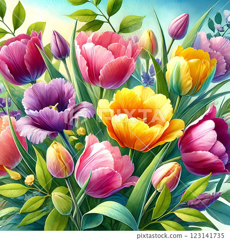 A vibrant scene of blooming tulips in a variety of colors including pink, yellow, purple, and red, surrounded by lush green leaves, creating a fresh and joyful spring atmosphere.  123141735