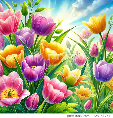 A vibrant scene of blooming tulips in a variety of colors including pink, yellow, purple, and red, surrounded by lush green leaves, creating a fresh and joyful spring atmosphere.  123141737