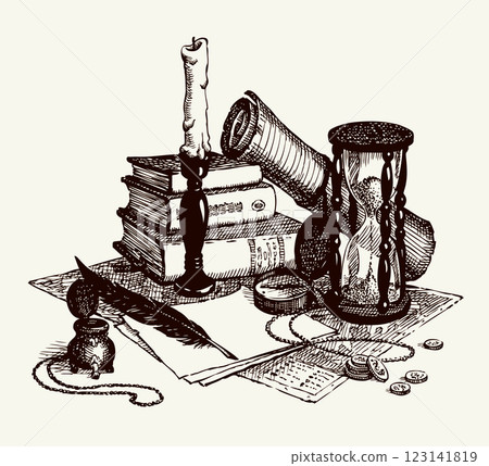 Vector still life: books, compass, hourglass Vector still life: books, compass, hourglass 123141819