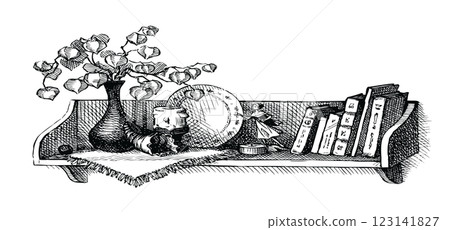 Vector Sketch a shelf with books and souvenirs Vector Sketch a shelf with books and souvenirs 123141827