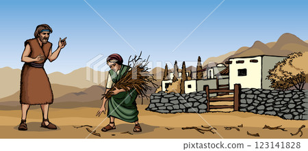 Vector drawing. Woman collecting firewood 123141828