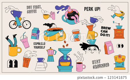 Collection of coffee illustrations and icons. Cafe and coffeeshop design. Concept characters with 123141875