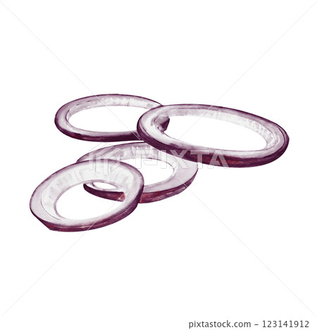 onion rings. The onion is cut into slices. Red or purple vegetable. Ingredient for meat and other foods. Watercolor illustration isolated from background. white onion flesh and purple skin .  123141912