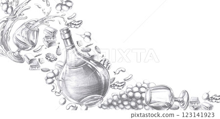 Rectangular frame with cognac, nuts, grapes, glasses. Isolated pencil illustration for posters, menu design and restaurant bar card 123141923
