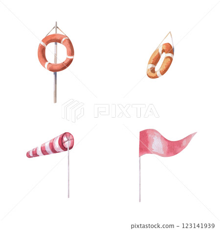 Set of isolated watercolor illustrations of lifebuoys, windsock and flag for design of marine themed holidays, summer restaurants. 123141939