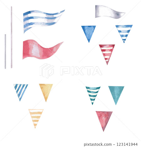 A set of triangular flags and pennants for decorating themed events on a marine theme, birthdays, printing on clothes, decorating restaurant interiors. A set of triangular flags and pennants for decorating themed events on a marine theme, birthdays, printing on clothes, decorating restaurant interiors. 123141944