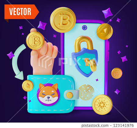 3d Guide Beginner Crypto Currency Concept Background Cartoon Design Style. Vector illustration of Smartphone with Coin, Protection Padlock and Wallet 123141976