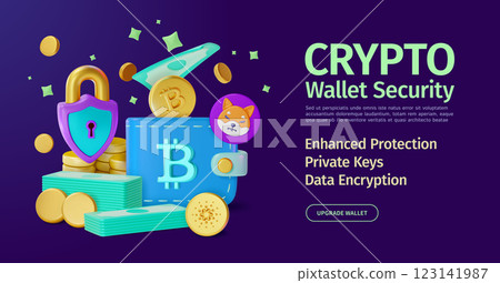 3d Wallet Security Crypto Currency Concept Ads Banner Poster Card Cartoon Design Style. Vector illustration of Protection Padlock and Cryptocurrency 123141987