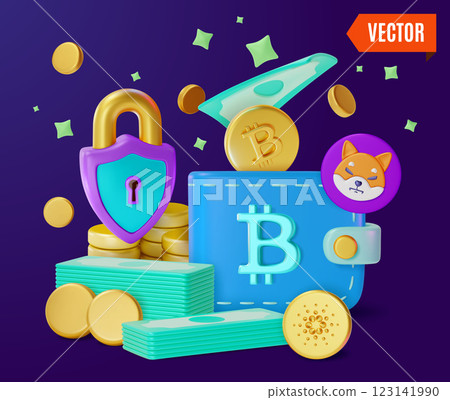 3d Wallet Security Crypto Currency Concept Background Cartoon Design Style. Vector illustration of Protection Padlock and Cryptocurrency 123141990