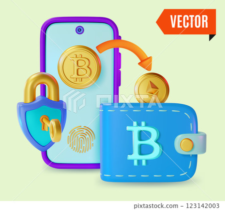 3d Crypto Currency Concept Smartphone with Bitcoin, Protection Padlock and Wallet Cartoon Design Style. Vector illustration 3d Crypto Currency Concept Smartphone with Bitcoin, Protection Padlock and Wallet Cartoon Design Style. Vector illustration 123142003
