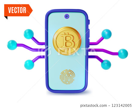 3d Crypto Currency Concept Smartphone with Bitcoin Golden Coin Cartoon Design Style. Vector illustration of Cryptocurrency 123142005