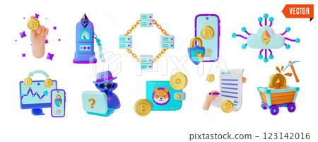 3d Crypto Currency Concept Element Set Cartoon Design Style. Vector illustration of Smart Contract, Ethereum Gas Fees and Shiba Inu Wallet 123142016