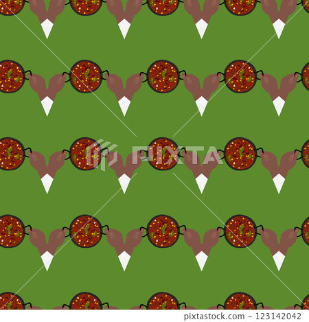 Chili con carne cast iron pan in Male hands Seamless Pattern on green. Traditional Mexican food fond 123142042