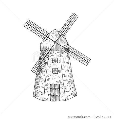 Vector Windmill. Graphic mill logo or label. Farm, agriculture illustration isolated on background. Hand drawn line sketch. For designers, prints, logo, icon, menu, postcards, holiday, covers Vector Windmill. Graphic mill logo or label. Farm, agriculture illustration isolated on background. Hand drawn line sketch. For designers, prints, logo, icon, menu, postcards, holiday, covers 123142074