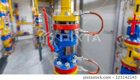 Natural gas pipeline with flanged connection and manual shut-off valve in an industrial facility Natural gas pipeline with flanged connection and manual shut-off valve in an industrial facility 123142143