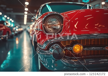 Classic Vintage Car Close-Up with Glossy Finish Under Bright Display Lights 123142172