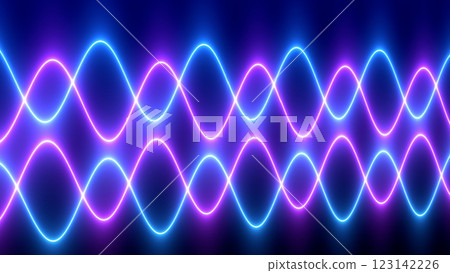 Flow of neon colored energy lines on dark digital background. Blue and pink glowing abstract waveforms. Flow of neon colored energy lines on dark digital background. Blue and pink glowing abstract waveforms. 123142226