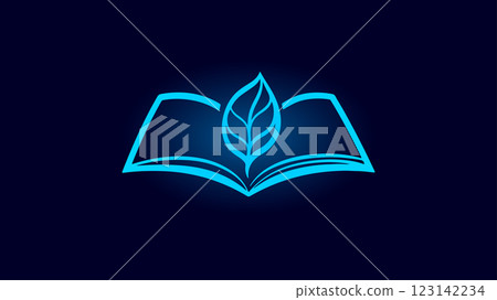 Open book features leaf. Light blue neon illustration. Suitable for educational materials website or books. Minimalist line drawing blue background 123142234
