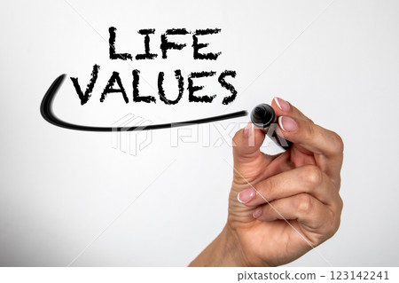 Life Values. Woman's hand with a black marker writes on the screen 123142241