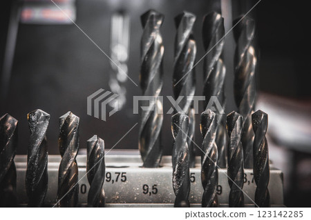 Set of Metal Drill Bits on Display in Workshop Set of Metal Drill Bits on Display in Workshop 123142285