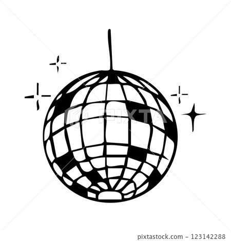 Disco ball doodle line tattoo y2k coquette trendy groovy decoration. Retro dance party line hand drawn design elements. Disco ball with stars, sketch 123142288