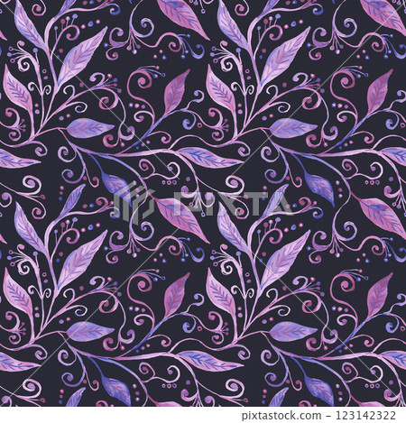 watercolor style abstract botanical seamless pattern with purple foliage and swirls 123142322