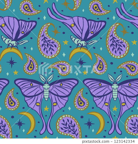 Seamless pattern with celestial luna moth and paisley motif. Stars and moons boho wallpaper 123142334