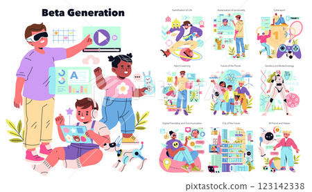 Beta Generation concept. Illustrates the experiences of today's youth with technology and innovation. Engaging in hybrid learning, digital relationships, and future-oriented advancements. Vector 123142338