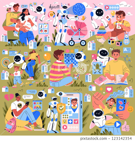 AI Co-Parent concept. This illustration portrays the supportive roles of AI in parenting, showcasing learning, play, and emotional connection. Families engage with AI in various nurturing contexts 123142354