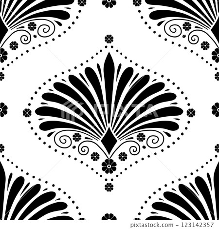 Seamless pattern with black anthemion floral shapes and ogee geometrical motifs on a white background Seamless pattern with black anthemion floral shapes and ogee geometrical motifs on a white background 123142357