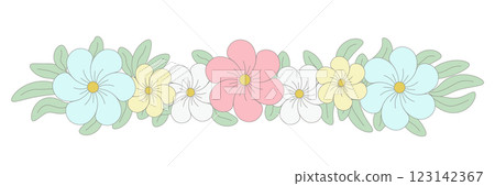 Delicate pastel flowers neatly arranged in a row, isolated on a transparent background. Wreath of pastel flowers with soft colors and delicate leaves. Hand-drawn spring or Easter divider. Vector. PNG Delicate pastel flowers neatly arranged in a row, isolated on a transparent background. Wreath of pastel flowers with soft colors and delicate leaves. Hand-drawn spring or Easter divider. Vector. PNG 123142367