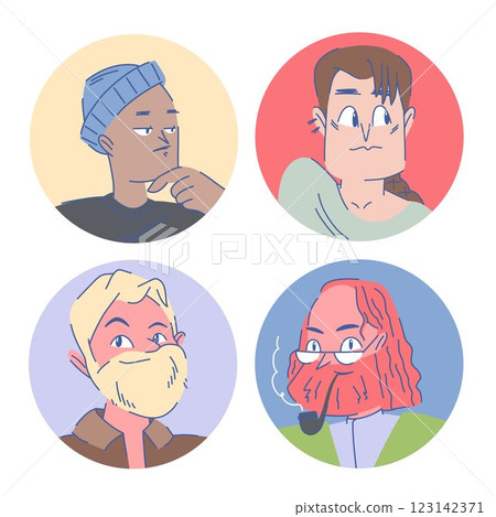 Avatars of stylized cartoon people in a round frame, various colors of skin, hair, clothes 123142371
