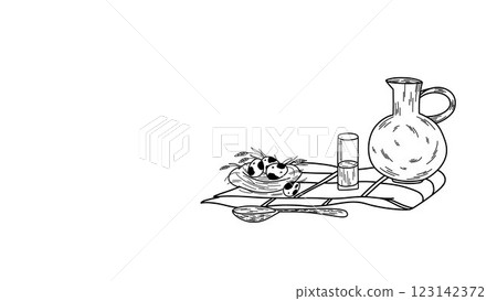 Composition with country products, clay jug and glass with milk on a checkered towel, quail eggs 123142372
