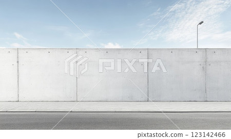 City street with long concrete wall covered in white plaster featuring copy space and mockup 123142466