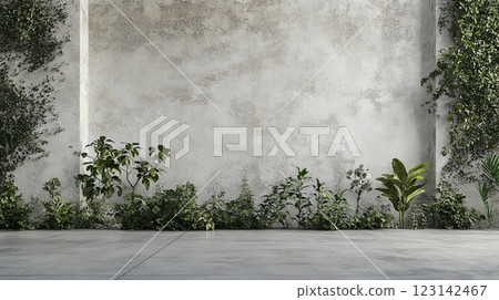 City street with long concrete wall covered in white plaster featuring copy space and mockup 123142467
