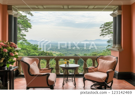 Open wide terrace in pastel peach tones, armchair and table near green wall, view of distant mountain landscape 123142469