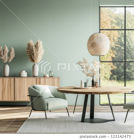 Scandinavian home interior design of modern living room in muted mint pastel colors 123142473