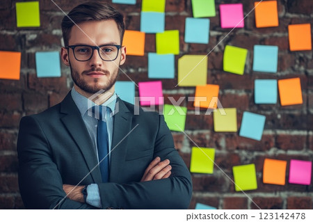 a businessman in an office room with walls covered with colorful stickers 123142478